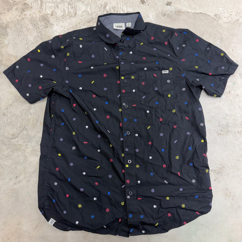 Vans Short Sleeve Button Up Shirt Black All Over Print Mens Size Small‎ Prints